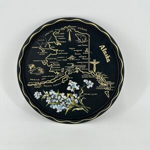 Vintage Alaska Souvenir Metal Map Tray Black Gold Forget Me Not Flowers 11 Inch